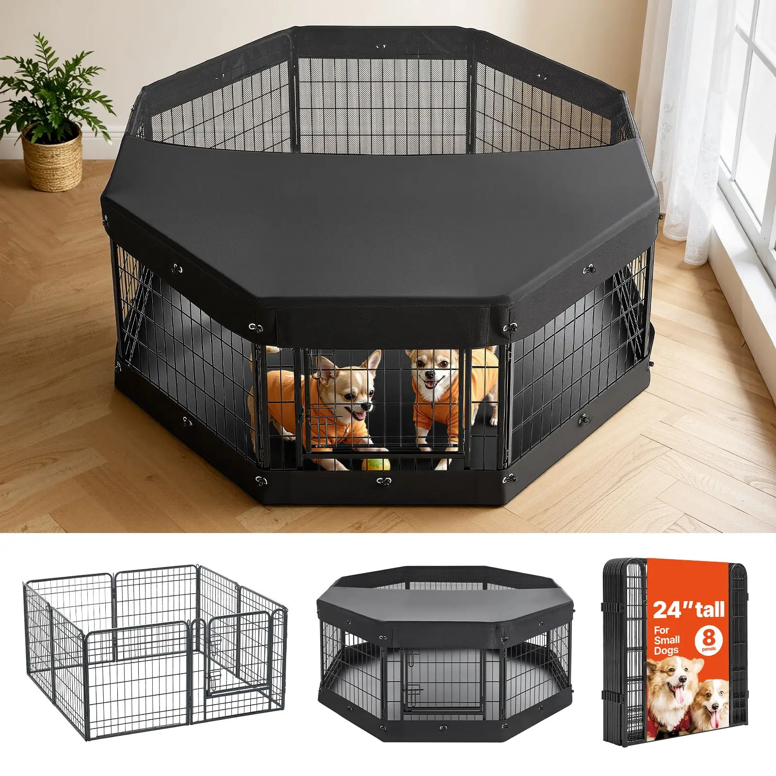 Dog Playpen 24 Inch 8 Panels Heavy Duty with Top Cover & Bottom Pad, Indoor Foldable Metal Exercise Pen Pet Fence Door, Puppy