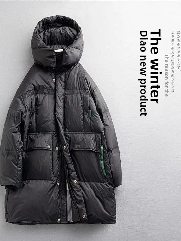 

Trendy Mid-Length Men's down Jaet 2024 New Winter Hooded Coat White Du Feather Warm Casual Bread Sle Polyester Fiber