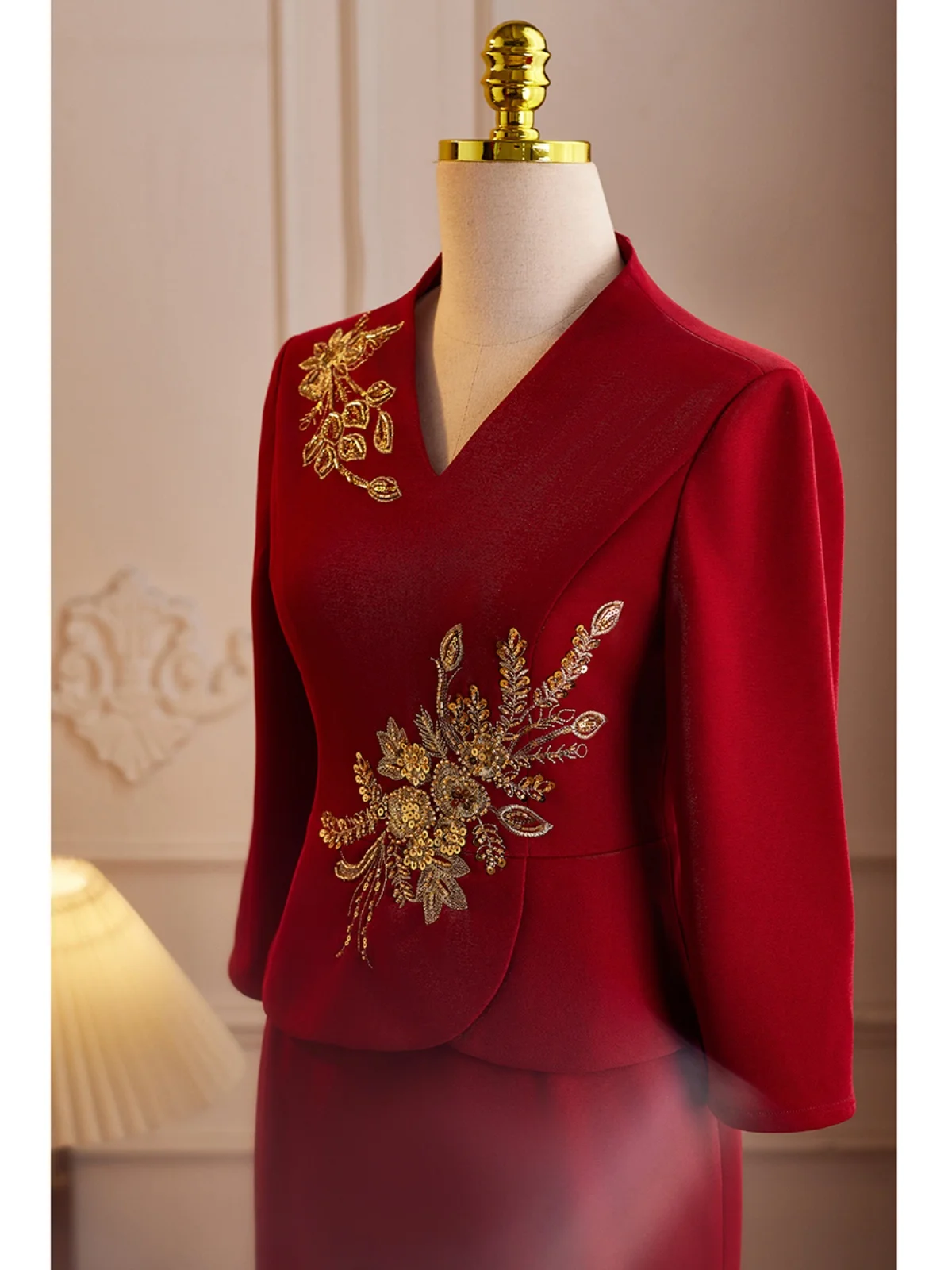 

Красное вечернее платье Ele Red V-Ne с вышивкой бисером, высококачественное шелковое, с длинными рукавами, для торжественных мероприятий