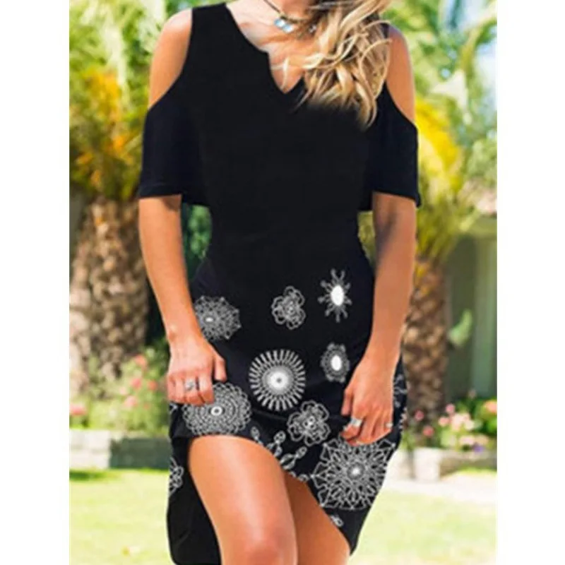 Women Dresses 2026 new V-neck off-the-shoulder positioning printed short-sleeved mini dress women's clothing vestidoes