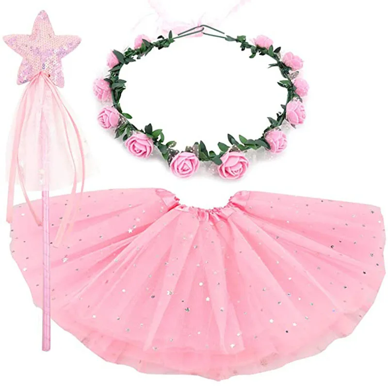 Girls Princess Fairy Tutu Skirt with Flower Crown Wreath Headband Magic Wands   Birthday Party Favors Costume Cosplay Halloween