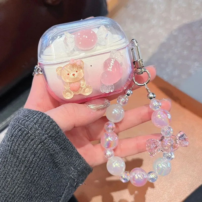 

For Samsung Galaxy Buds 3 Pro Live FE Gradient Cute Bear Heart Earphone Case Crystal Pendant Cover Earbuds Accessories for Buds2