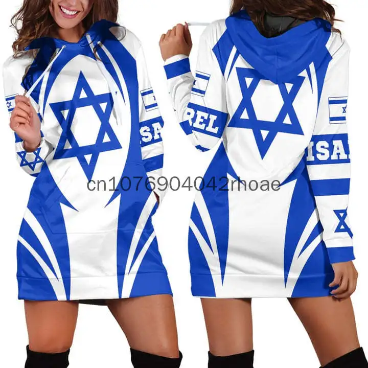 

Summer And Spring New Israel Flag Hoodie Dress Vintage Harajuku 3D Printed Flag Jumper Casual Sexy Female Hoodie Dress