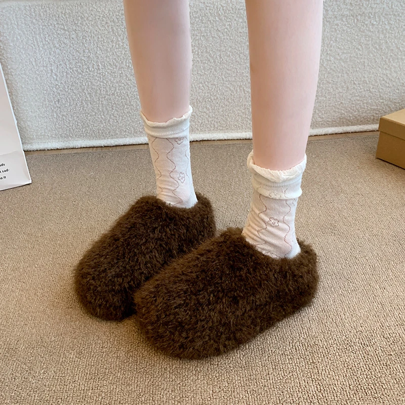 شباشب شتوية نسائية مبطنة بالصوف نصف شباشب مسطحة القاع نمط في الهواء الطلق يمكن ارتداؤها شباشب قطنية مريحة للنساء #2