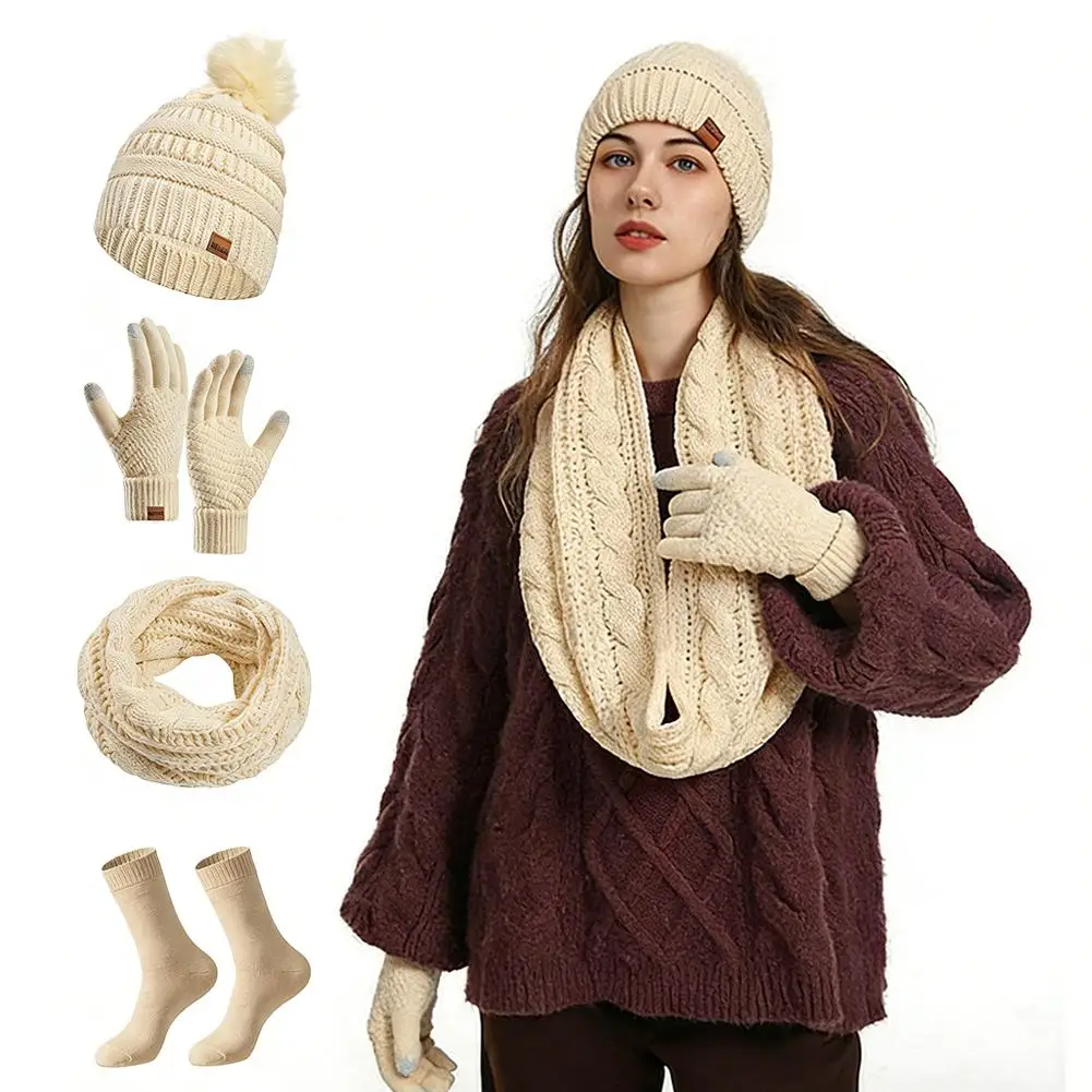 4-in-1冬用ニットセット：ポンポン付きビーニー、インフィニティスカーフ、タッチスクリーン対応手袋＆ソックス、女性用暖かいフリース裏地付き