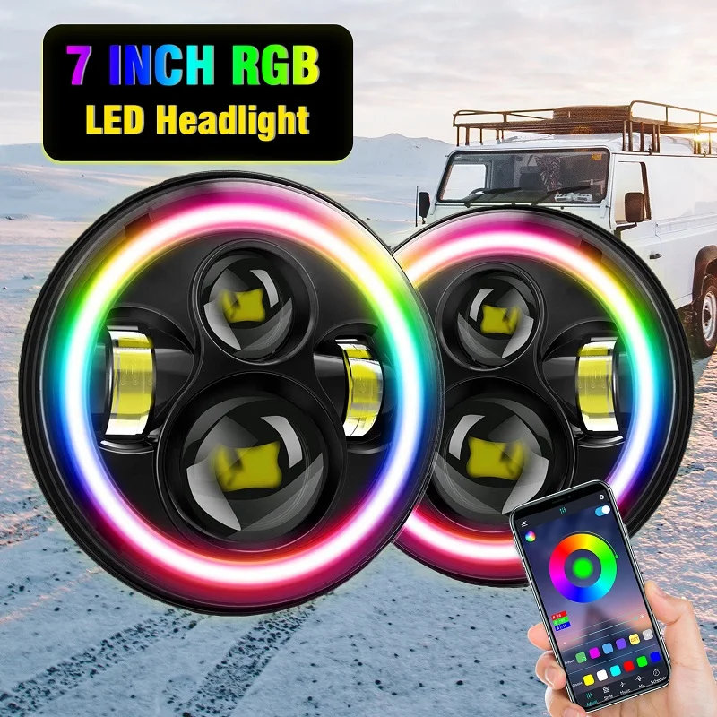 2PCS 7 Inch Round APP Control Car LED Headlights RGB Halo Ring Angel Eyes Off Road H13 H4 LED Lamp For Wrangler Harley Jk Tj Lj