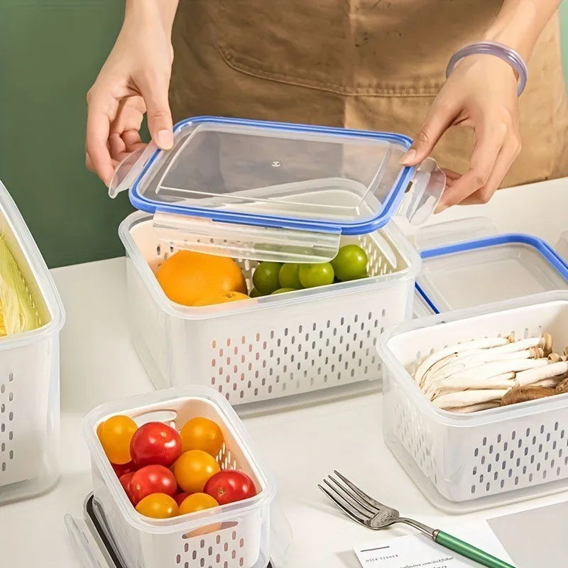 2pcs/set Plastic Bilayer Food Storage Boxes Refrigerator Fresh-keeping Vegetable Fruit Drainage Basket Kitchen Storage Container