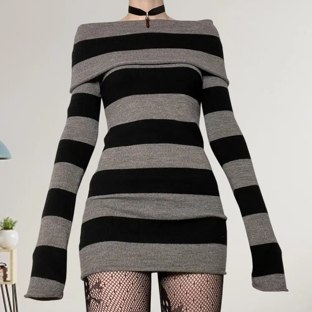 Stripe Pattern Sweater Dress Sexy Off shoulder Long Sleeves Women Knitted Sweater Dress Skinny Body con Dress Pullovers