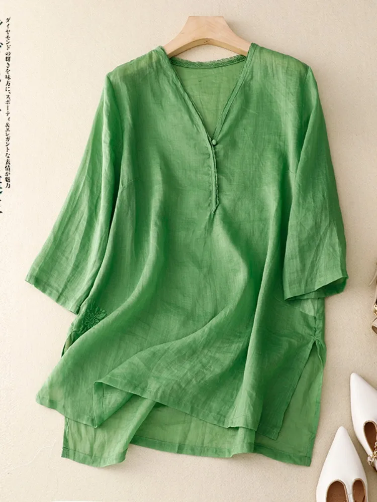 

Ele Pure Color Cotton Linen V-ne irt Women Summer plus Size Belly Cover Slimming Mom Embroidered Linen Top Thin