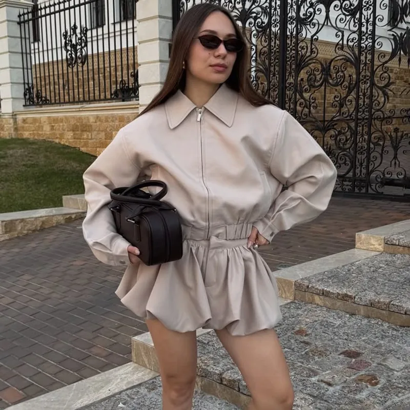 

Tuularose Women's 2 Piece Fashion Lapel Zip Jacket Pleated Shorts Skirt Vintage Streetwear New Party Autumn Female Short Sets