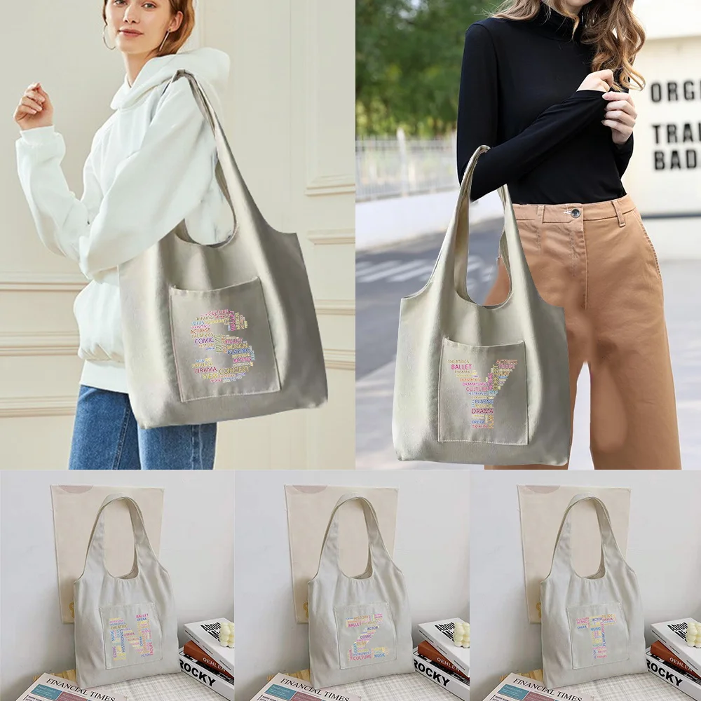 Shopping Bag Foldable Student Canvas Shoulder Bag Text  Letter Printed Ladies Shopper Bag Travel Tote Work Handbag Organizer