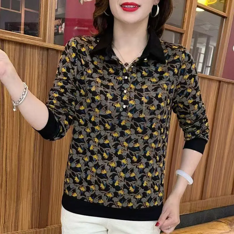 Fall Winter Thickened Long Sleeve Women's Fashion Mom Collar Shirt Diamond Studded Versatile Slimming Casual Loose Fit T-shirt