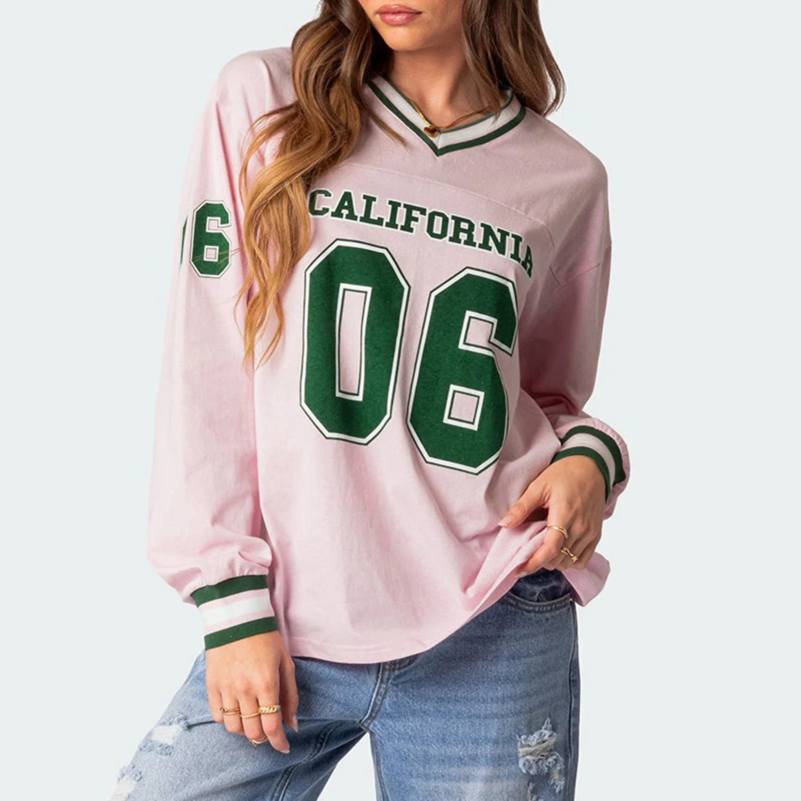 Sudadera de gran tamaño con estampado de letras y números para mujer, jersey informal de manga larga con cuello en V, moda