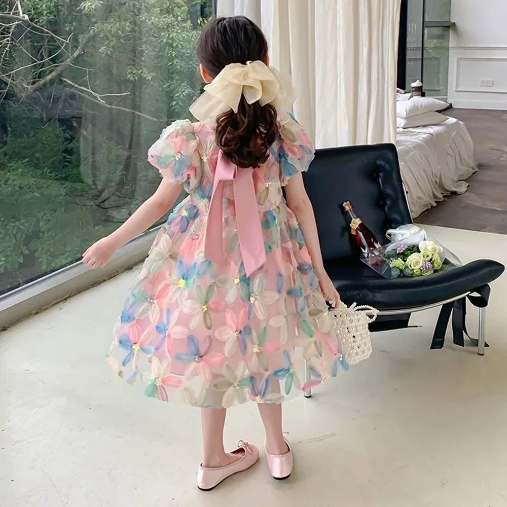 Summer Girls Flower Princess Dress with Big Bow Kids Cute Puff Short Sleeve Dresses for Girls Korean Clothing Children Dress 6 8