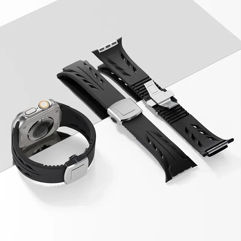 Fluororubber Band for Apple Watch Sport Strap Ultra 2 49/45/44/42mm Luxury Rubber Soft Strap Iwatch Ultra9 8 7 Se 6 5 Watchband