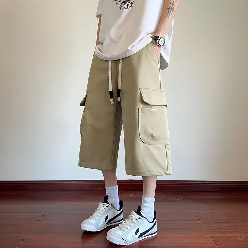 

Summer Casual Pants Men Retro Pocket Cargo Pants Men Japanese Streetwear Hip-hop Loose Wide Leg Pants Mens Cropped Trousers