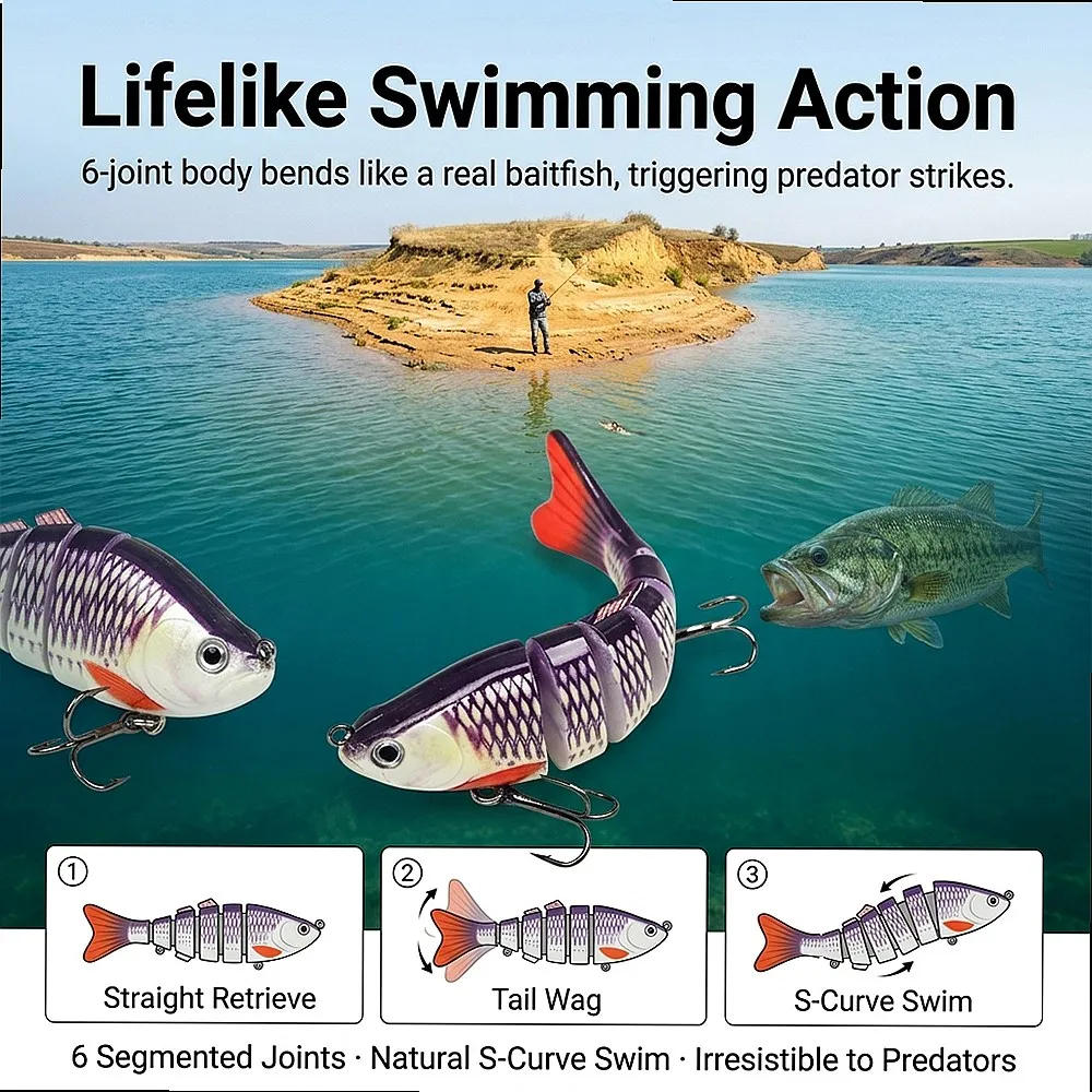 Rattle Swimbait 6-Segment Sinking Lure 3/5/10 Pack Wobbler 3D Eyes for Bass Salmon in Deep Lake