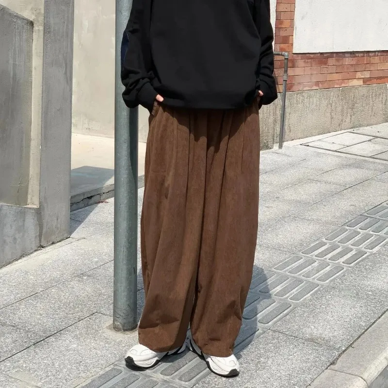 Men Japanese Vintage Corduroy Wide Leg Pants Elastic High Waist Loose Straight Casual Trousers For Spring Autumn