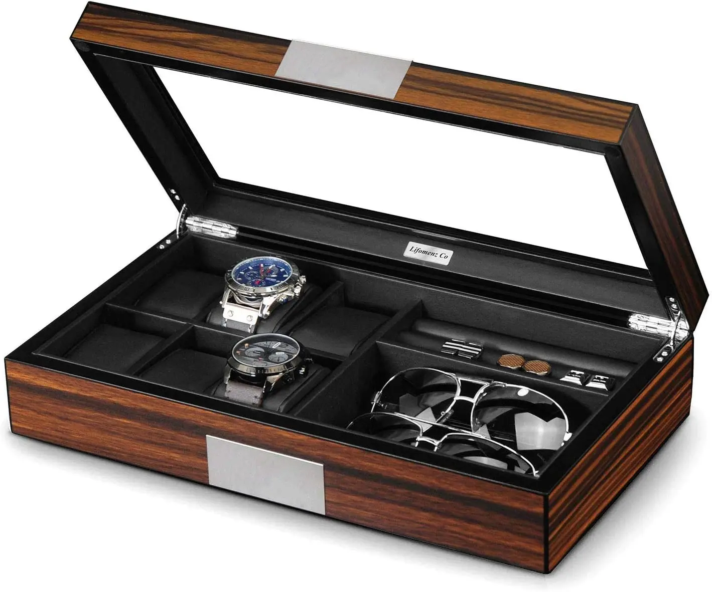 Wood Watch Case Organizer Glass Top Six Slot Storage Eight Cufflink Two Sunglasses Ebony