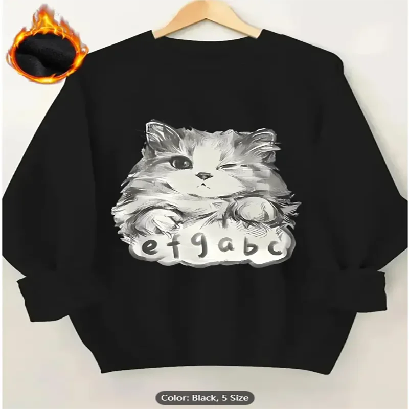 เสื้อสเวตเตอร์สีเทาอ่อนของผู้หญิงแมวบวบตากราฟิกพิมพ์ขนแกะบุเสื้อสวมหัวขนาดใหญ่ลำลองสำหรับคนรักแมวผ้าฝ้ายแท้