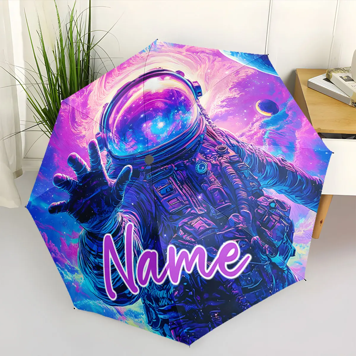 Custom Name Cosmic Astronaut Umbrella with Vibrant Colors Print 8 Iron Ribs Folding Umbrella Auto-Open Fashion Sunshade