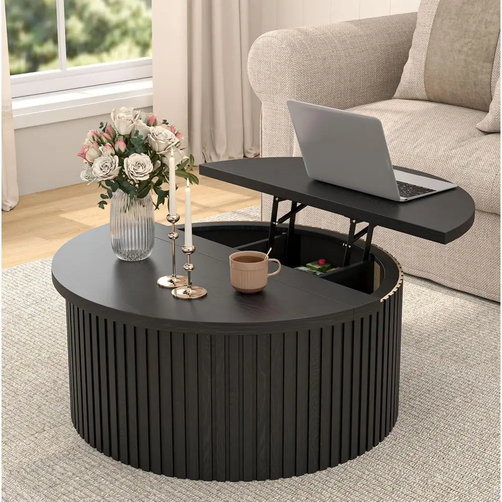 

Round Coffee Table with Storage, 34.6 Large Hidden Compartment, Black Wooden Center Table