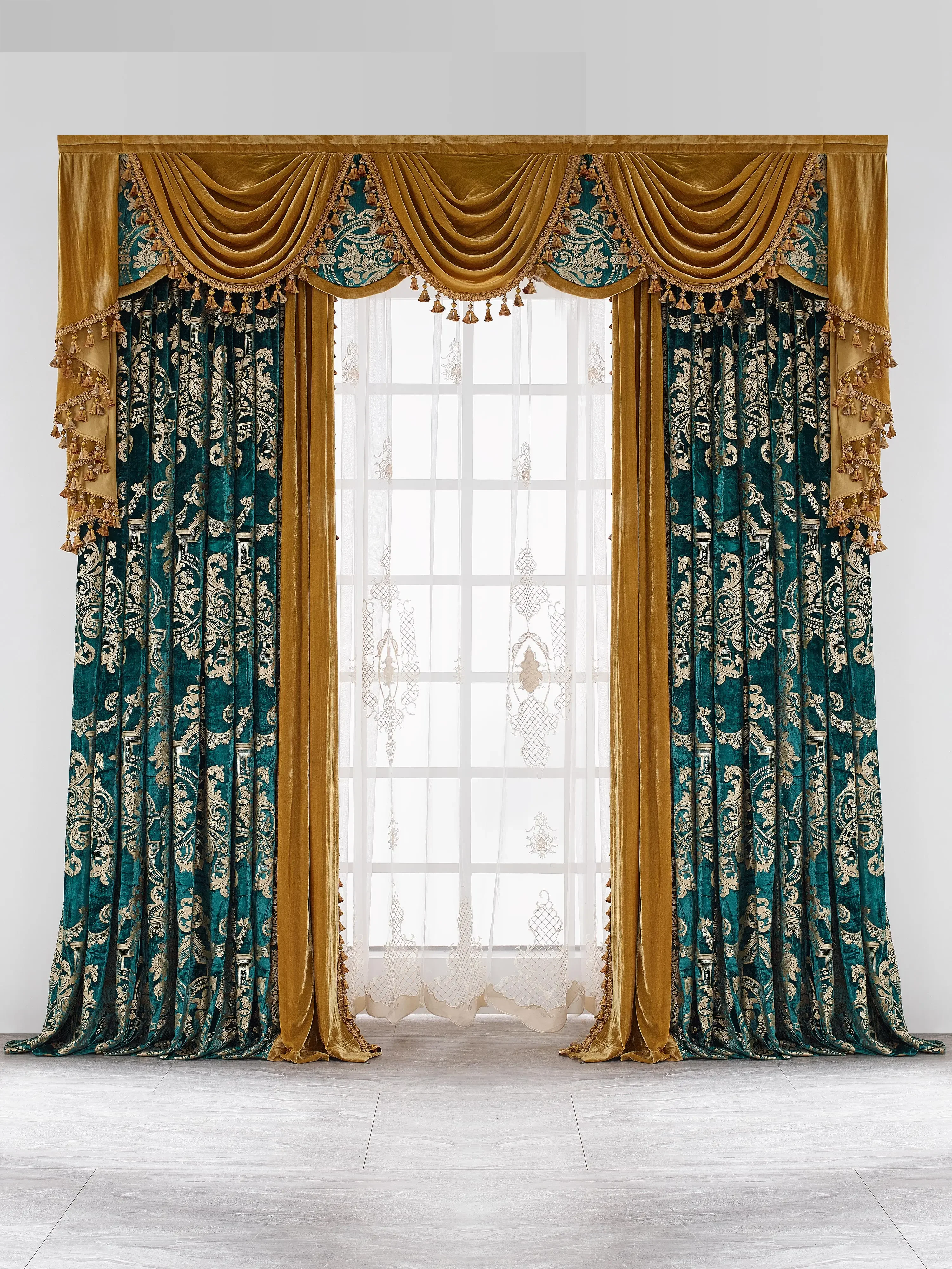 Customized American Blue-green Cut Velvet Embroidery Splicing Velvet Curtains for Living Room Bedroom French Window Balcony