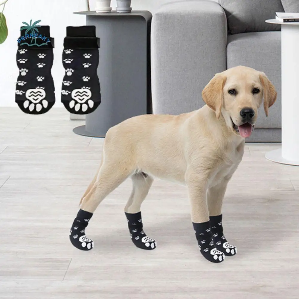 

4pcs/set Breathable Anti-Slip Dog Socks Adjustable Soft Pet Paw Protection with Paw Pattern Warm Waterproof Dog Non-slip Socks