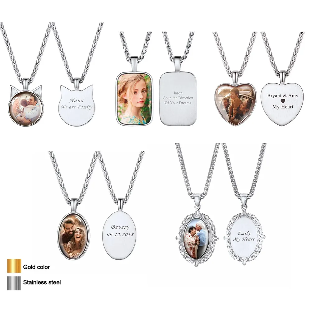 U7 Customized Photo Necklaces for Man Woman Rectangle Oval Round Heart Picture Engrave Text Pendant Custom Family Couple Jewelry