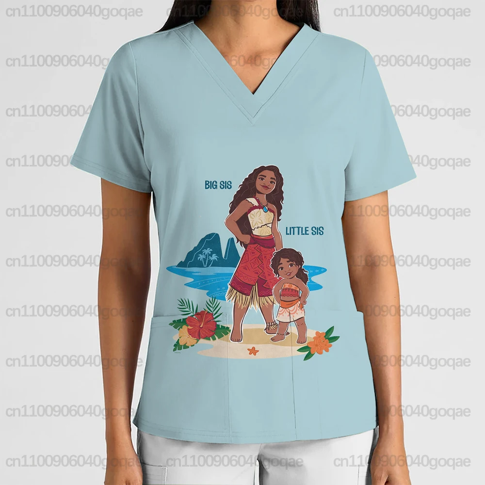 Disney Moana Ocean Girl Print Dames Verpleegstersuniform V-hals Korte Mouw Frosted Top Schoonheidssalon Dierenwinkel Tandarts T-shirt