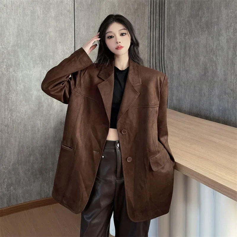 Women\'s Autumn/winter British Style Short Suede Jacket Vintage Casual Solid Color Loose Single Breasted Blazers Coat for Woman