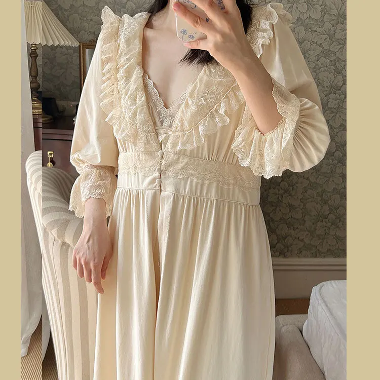 Pajamas Fairy Retro Morning Robe Sexy Court Style French Nightgown Suspender Nightdress Two-piece Loungewear Spring  Autumn