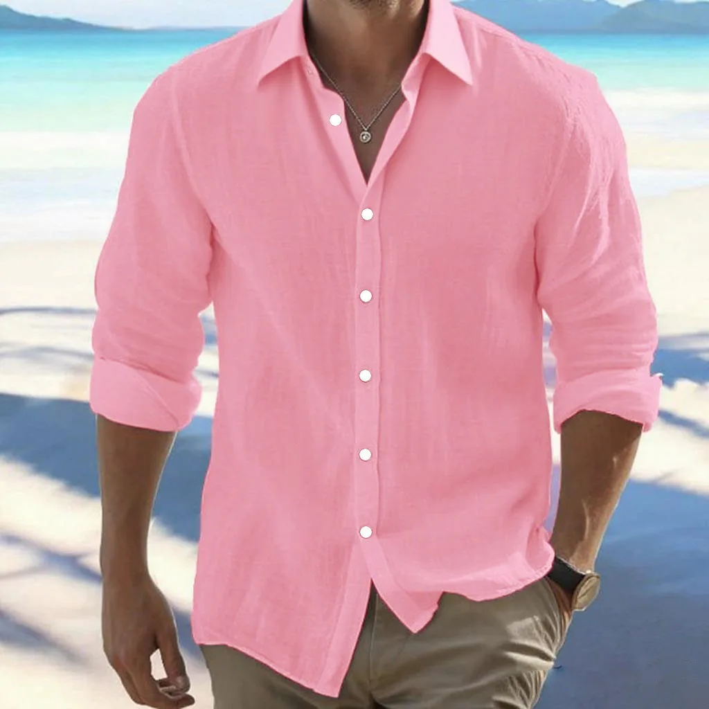 Camicia con risvolto a maniche lunghe da uomo di grandi dimensioni 2026 di vendita calda in misto cotone tinta unita estiva colletto alla coreana stile spiaggia casual