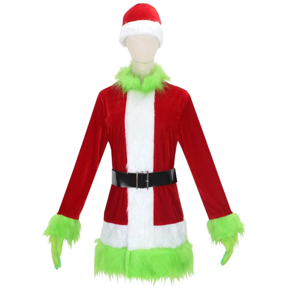 

Santa Claus Costume Set Christmas Party Prom Adult Role Playing Green outfit Monster Shaggy Halloween Cosplay Suit Gloves Mask