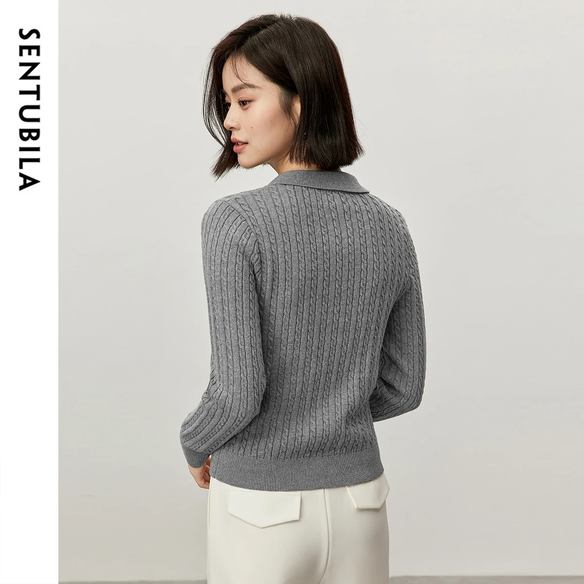 Sweter damski SENTUBILA, dzianina w warkocz, 100% bawełna, pulower, zimowy, haftowany, dzianinowy, długi rękaw, model W43E57175