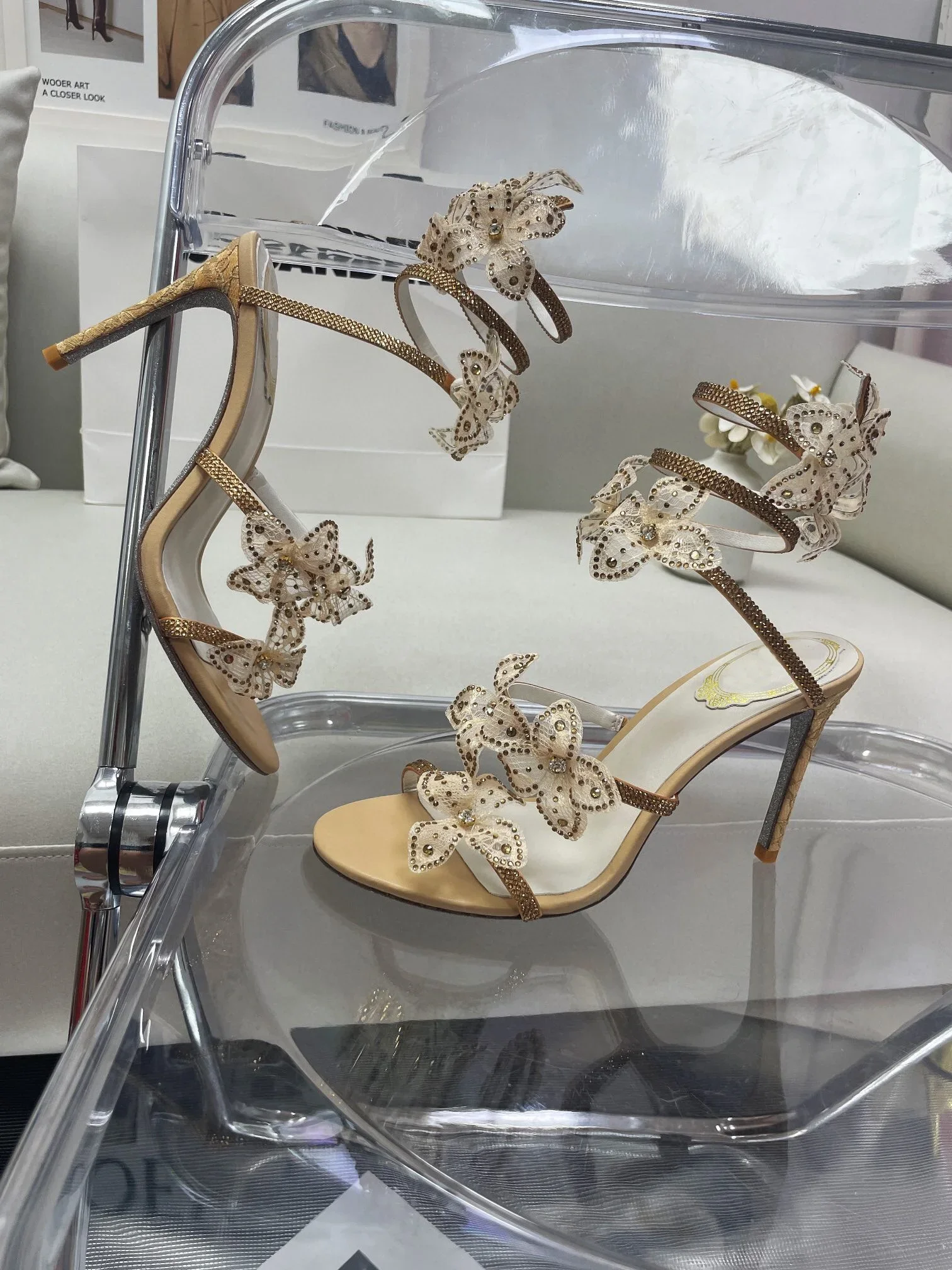 Bling Bling Flower Thin Heels Shoes Butterfly Pearl Crystal Ankle Wrap Sandals Pointed Toe Women Newest Modern Sandals