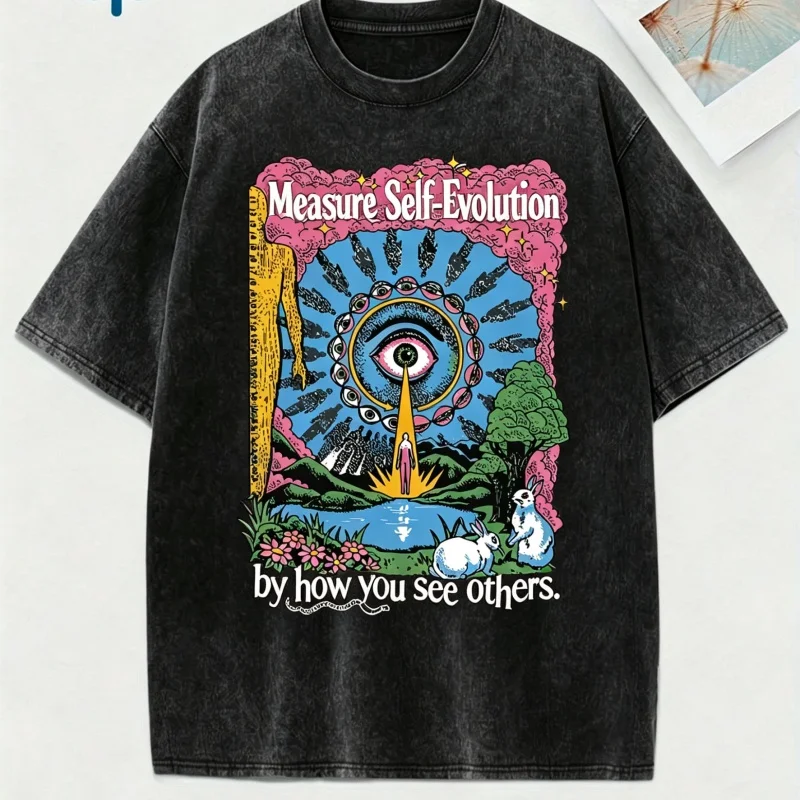 Inspirational Measure Self-Evolution T-shirt Men Women 2025 Summer Psychedelic Print Loose O-neck Short Sleeve Aesthetic Tee
