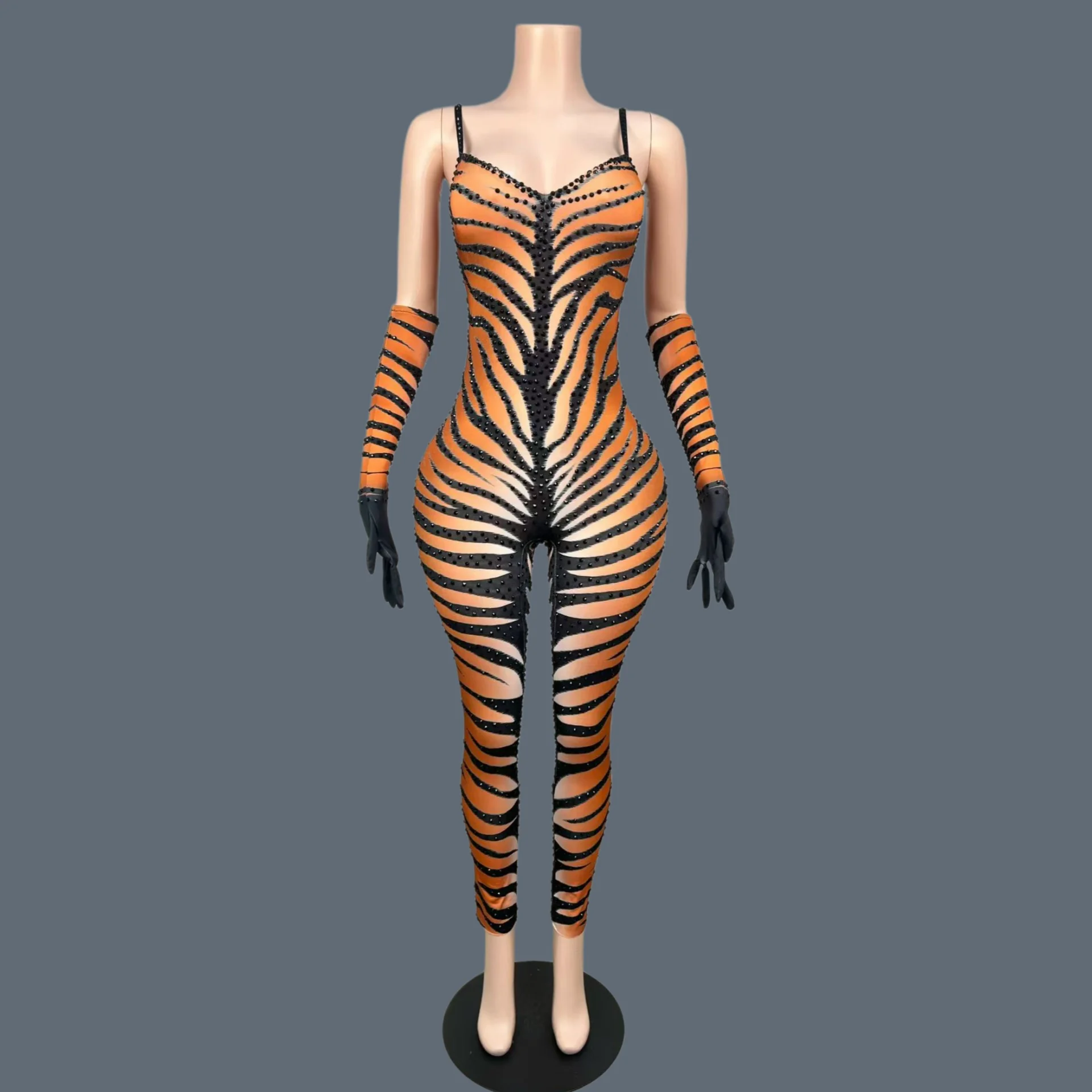 

Tiger Stripe Bodycon Jumpsuit Club Party Show Strapless Jumpsuit Festival Halloween Outfit Sexy Drag Queen Performer Wear Hupi