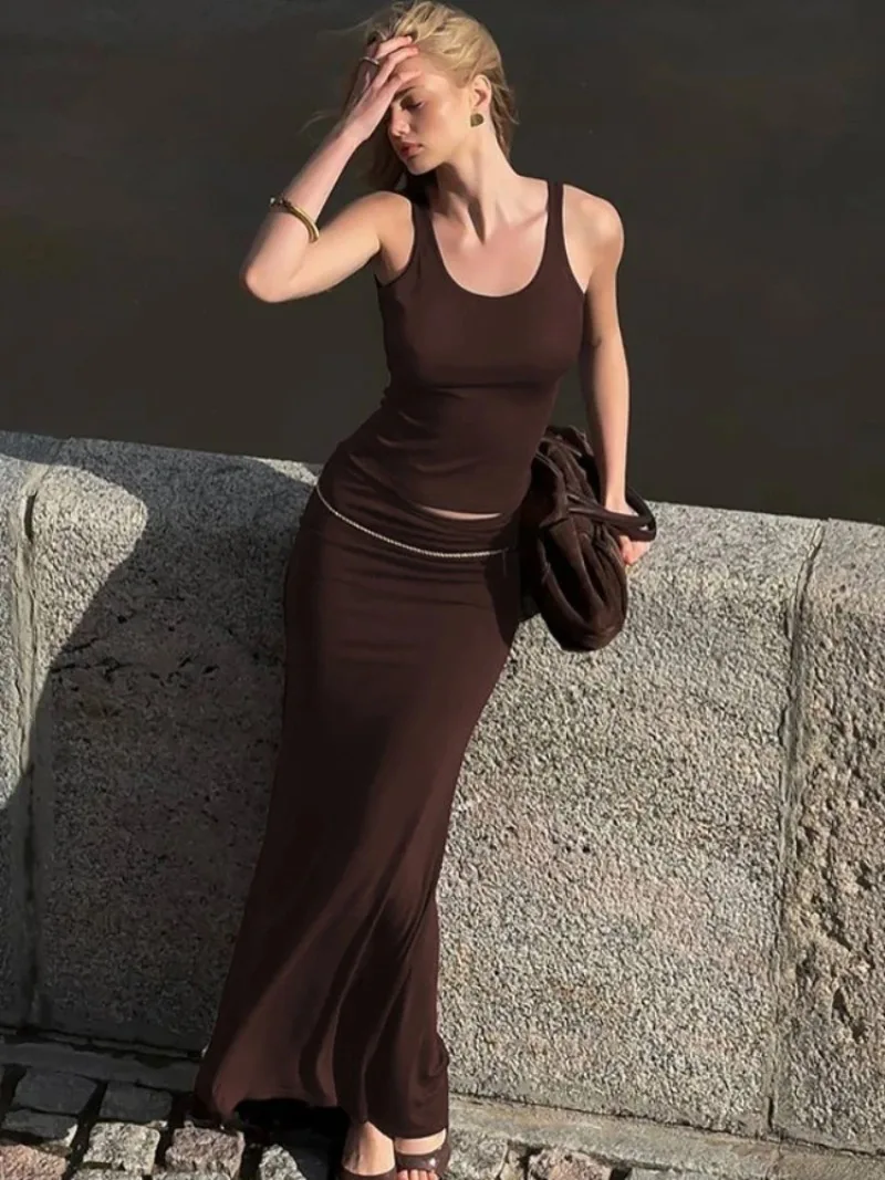 

FDYOUI Woman Tank Tops+Ruched Skirts 2 Pieces Set 2025 Summer Sleeveless Solid Brown Long Maxi Dress Suit Vacation High Street