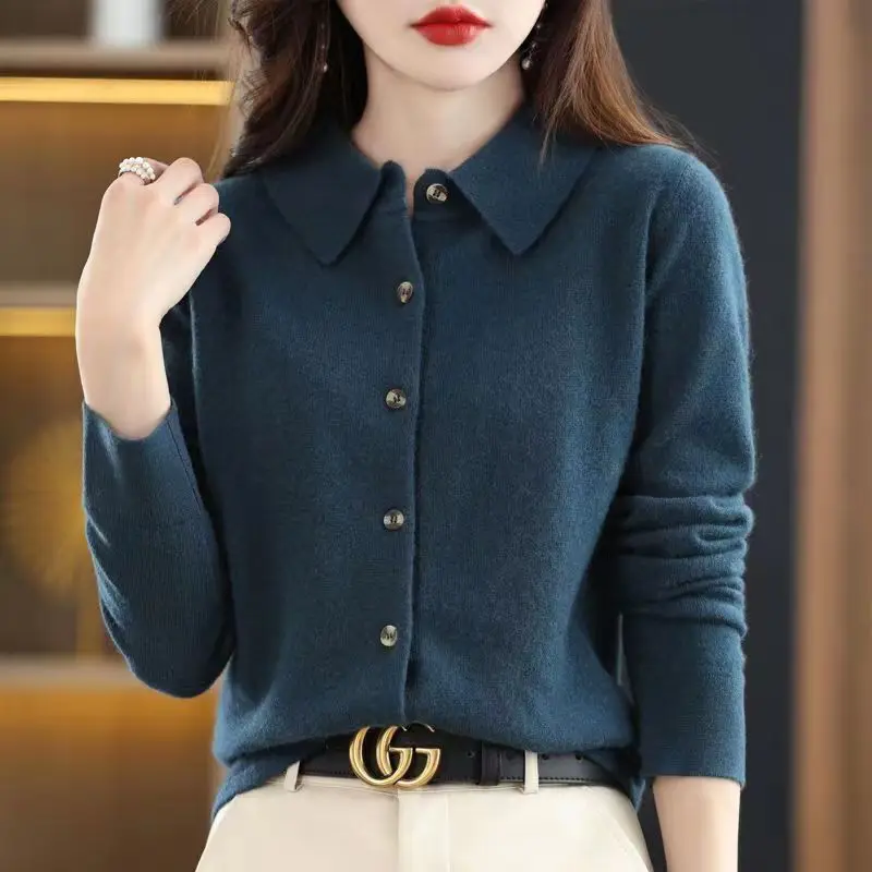 Spring And Autumn POLO Collar Sweater Knitted Shirt With Loose Long-Sleeved Non-Cashmere Cardigan Temperament Lapel Jacket 430