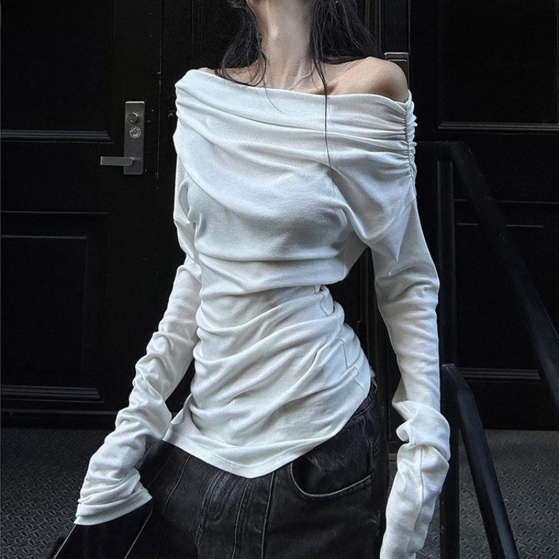 Irregular Spice Girls Minority Tshirt Slash Neck Off Shoulder New All-match Ropa Mujer Slim Ruched Ins Hop Moda Tops