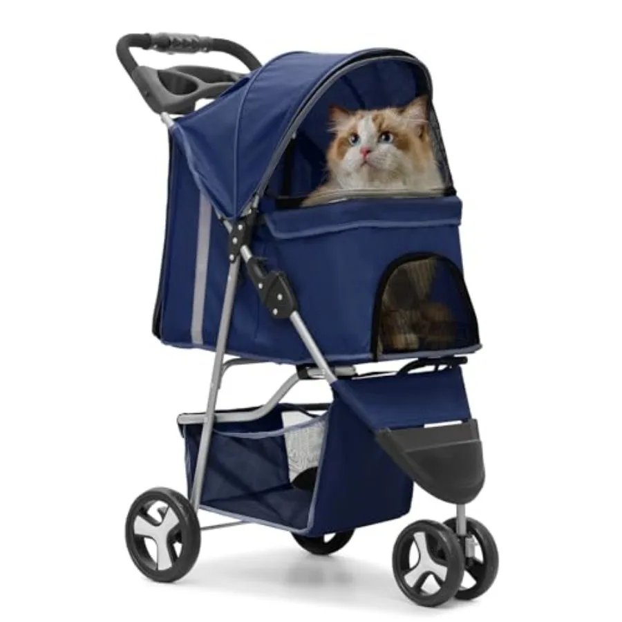 

Cat Dog Stroller, 3-Wheels Foldable Pet Stroller for Medium/Puppy Dogs Cats, 30 Lbs, Navy Breathable Mesh, Storage Basket Cup H