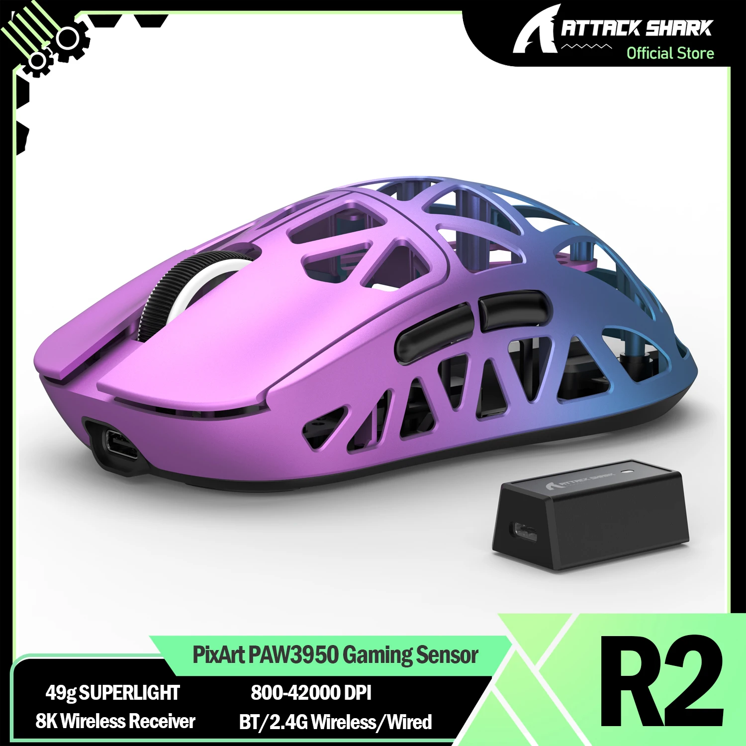 ATTACK SHARK R2 45g Magnesium Alloy PixArt PAW3950 Gaming Mouse 8K Bluetooth/2.4G Wireless/Wired(Not Include the Charging Dock)