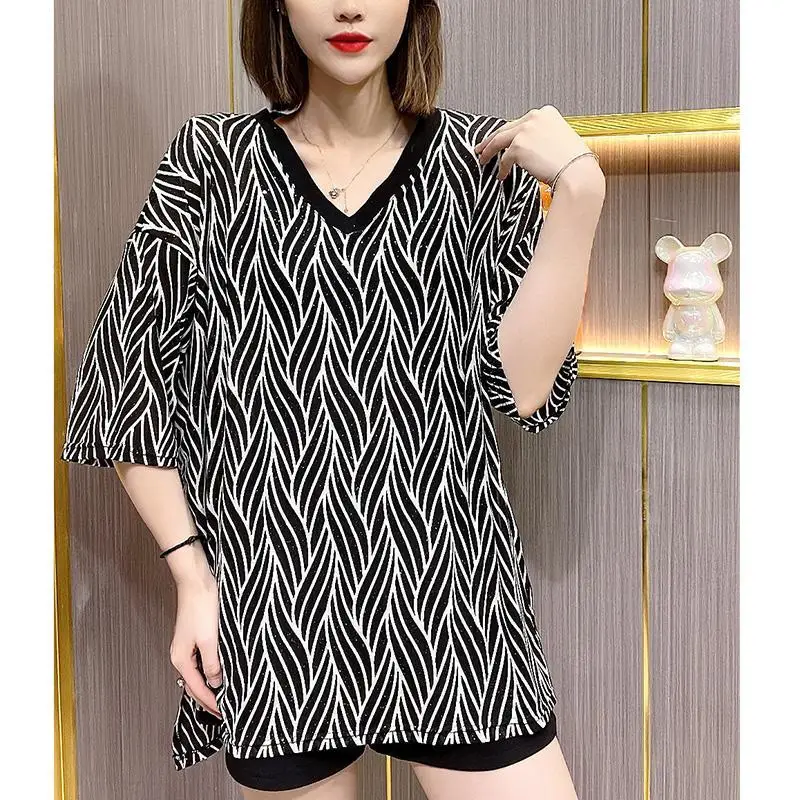 Casual Vintage Female Printed Perspective Sexy T-shirt Summer Loose Korean Short Sleeve V-Neck Pullovers Tops Women's Clothing
