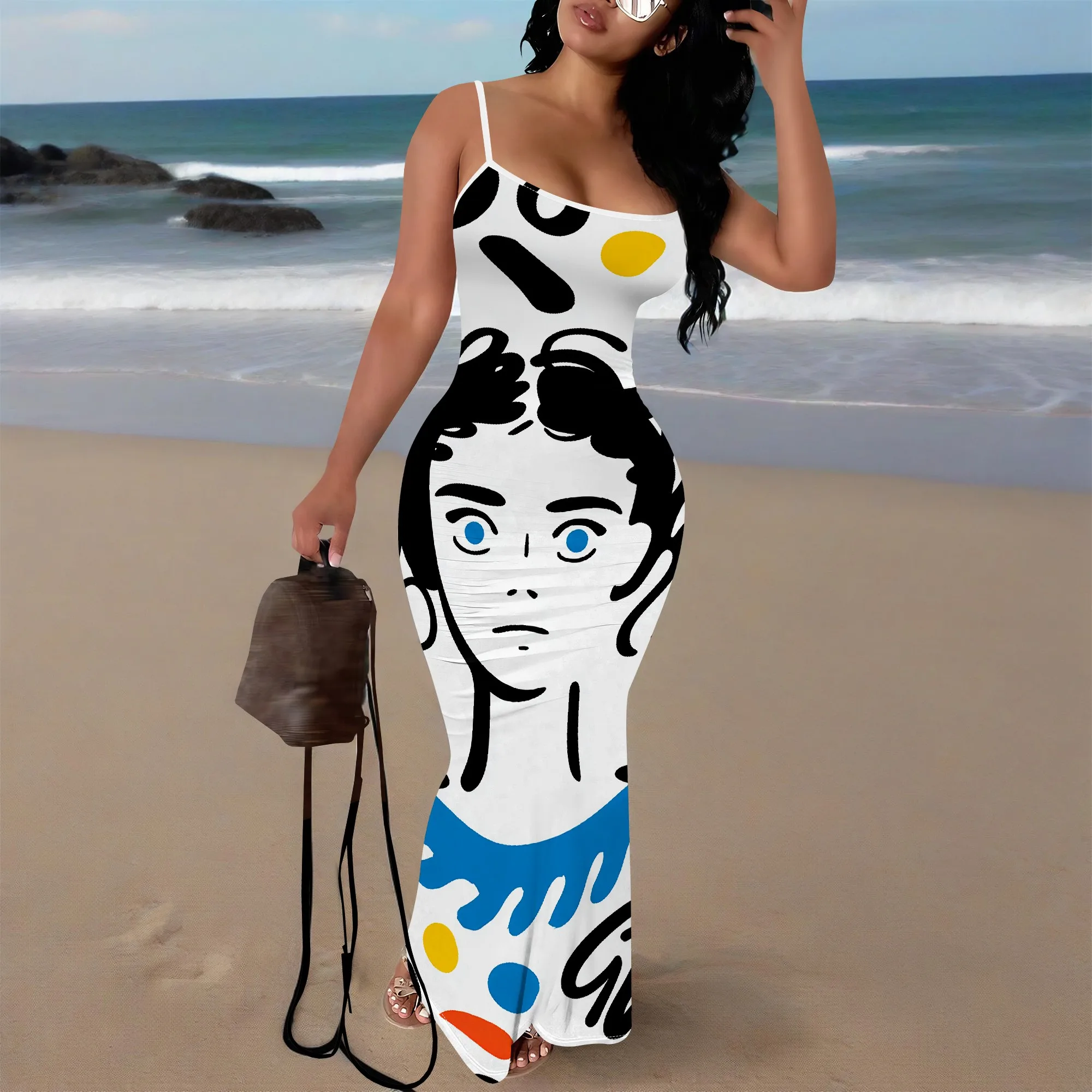 

Plus Size Abstract Art Print Spaghetti Strap Dress for Women Sexy Bodycon Mermaid Maxi Dress for Party XS-3XL