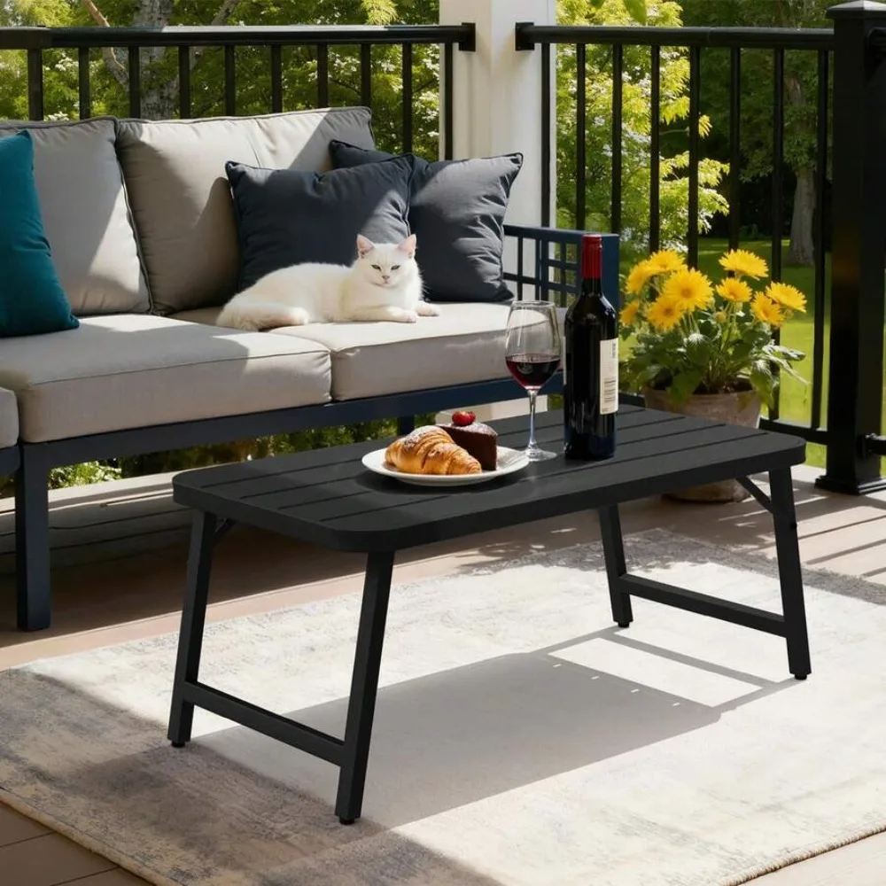 Outdoor Folding Coffee Table Rectangle Metal Patio Table for Balcony Porch Garden Yard Deck Poolside RV Camping Portable Folding Side Table Weather Resistant Steel Frame Lightweight Easy Storage No Assembly Multifunctional End Table for Outdoor Indoor
