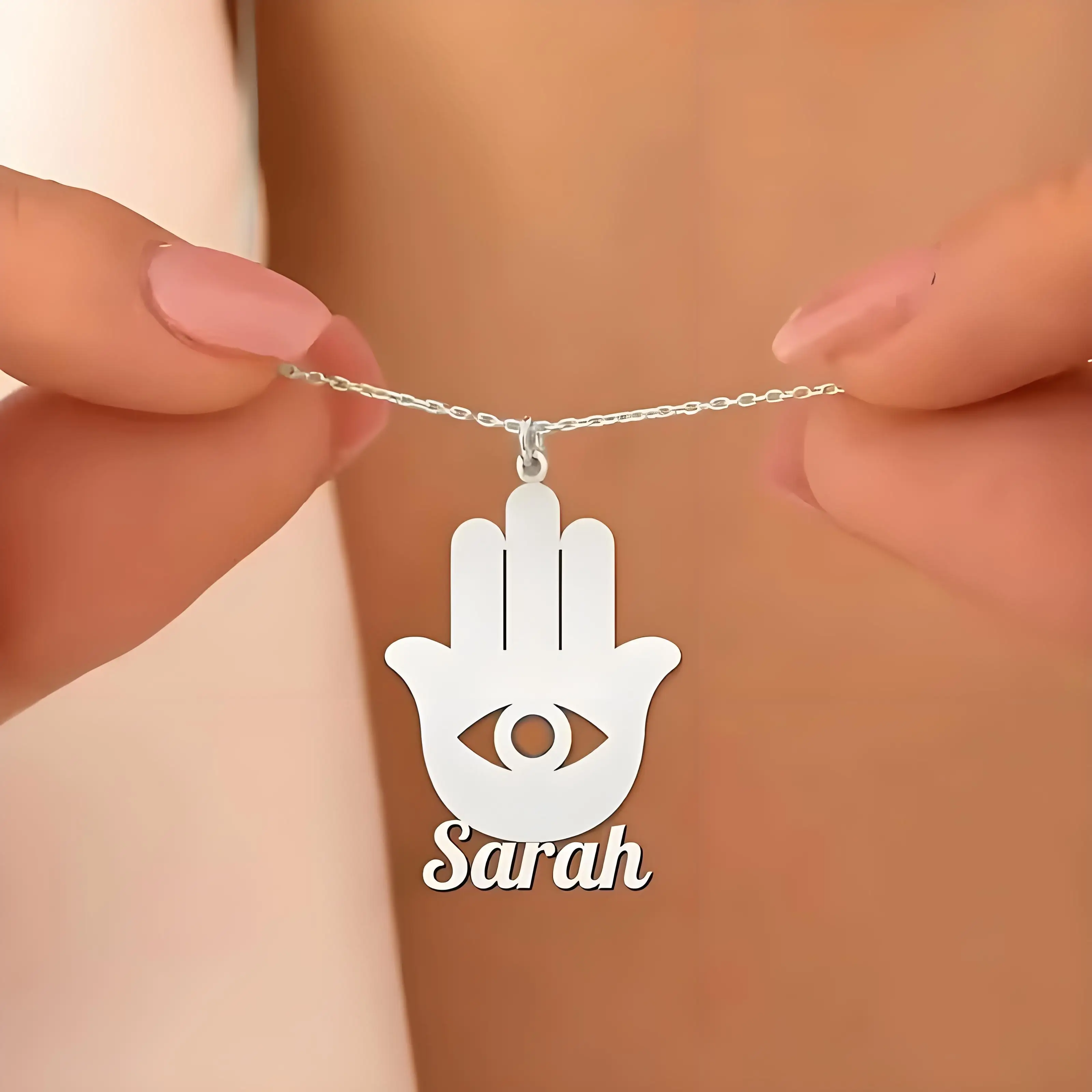 Custom Name Hamsa Hand Evil Eye Necklace Stainless Steel Pendant for Spiritual Gift Bulk Order & Drop Shipping Supported