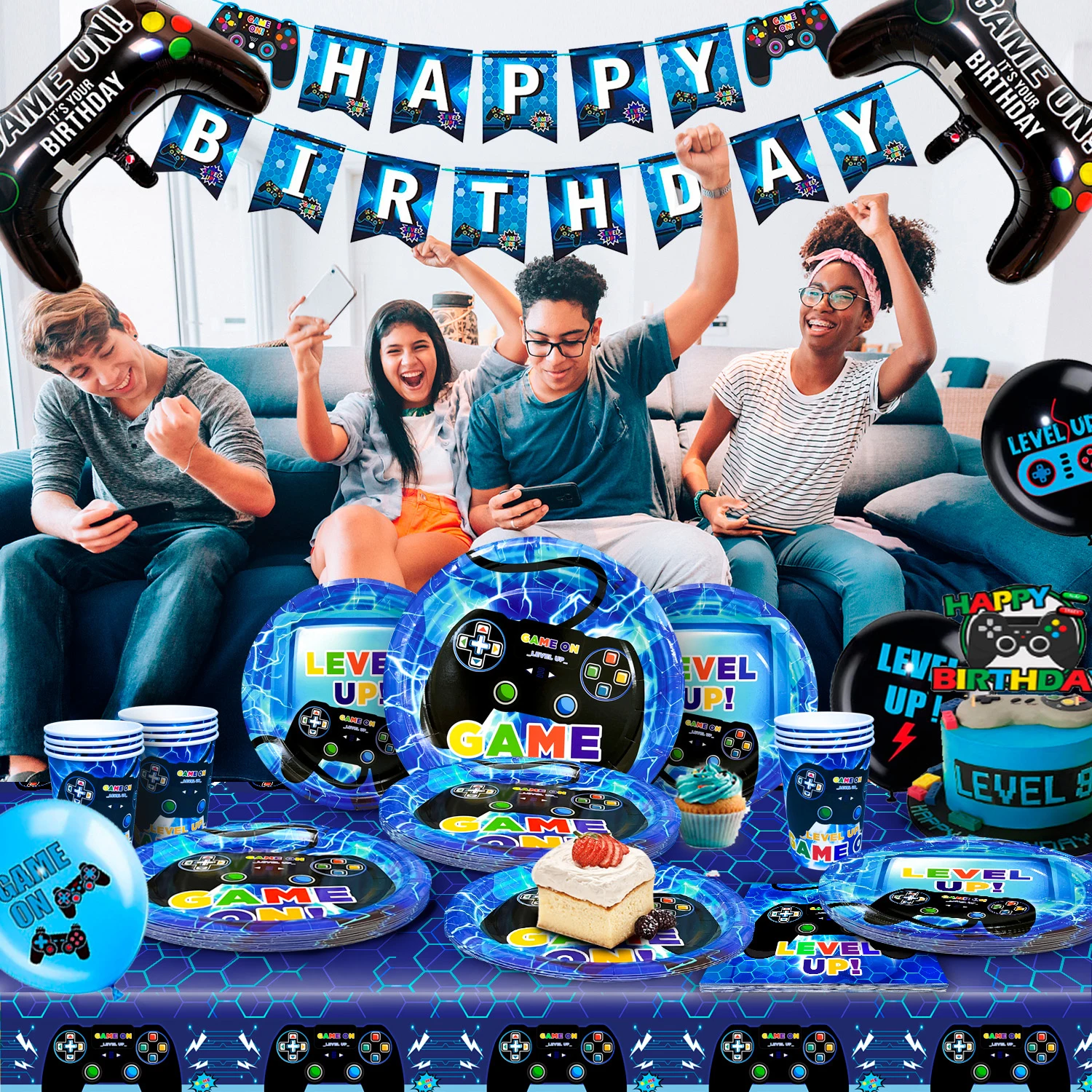 213 Pcs Video Game Birthday Party Decorations & Tableware Set - Video Game Plates Cups Balloons Banner Etc Gamer Party Supplies view 5