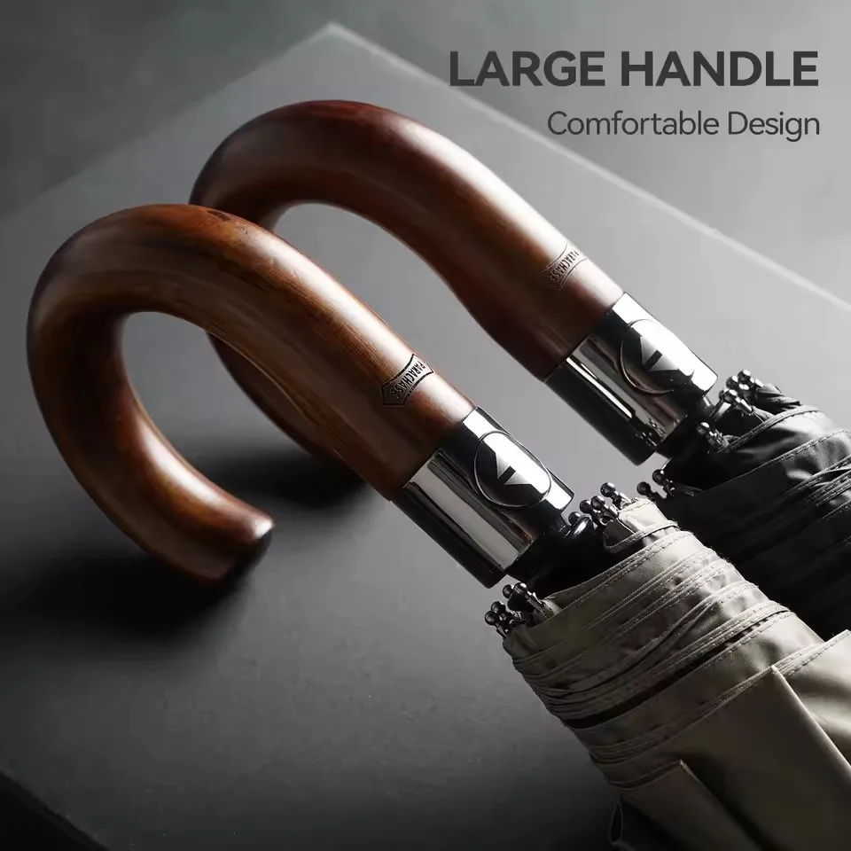 PARACHASE Large Umbrella Men Windproof Strong, Luxury Automatic Umbrella UV Protection, Wooden Handle, UV Parasol Umbrella