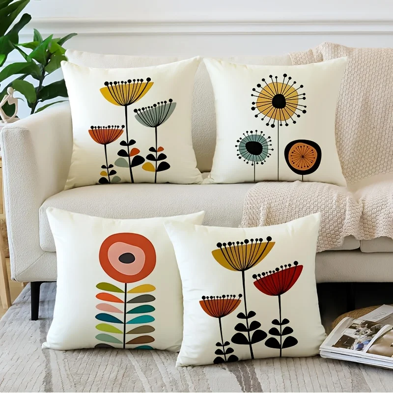 

4Pcs Geometric Floral Pillow Covers - Yellow Zippered Cushion Covers, Machine Washable for Living Room & Bedroom Decor ​​